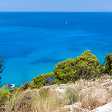 Amazing Panoramic view of Kokkinos Vrachos Beach with blue waters, Lefkada, Ionian Islands, Greece