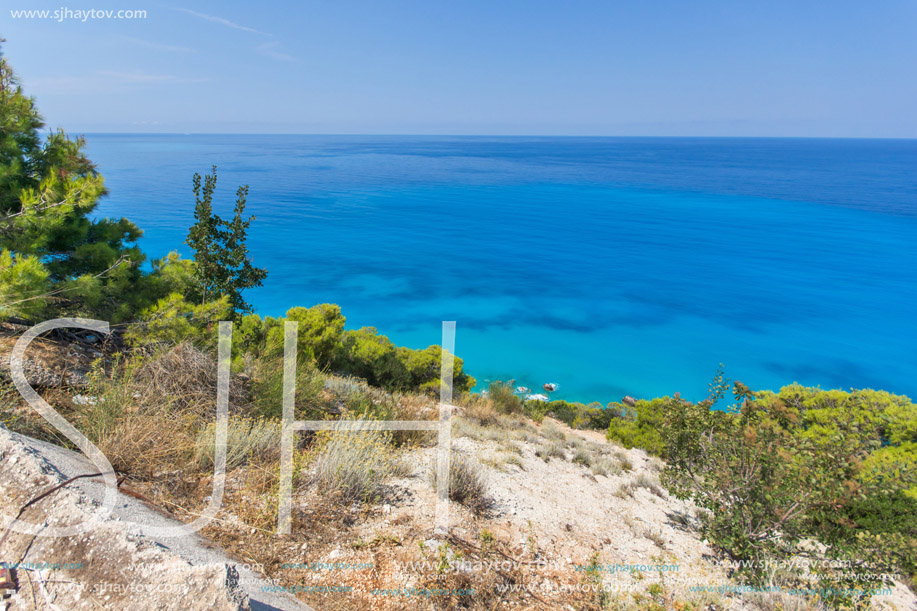 Amazing Panoramic view of Kokkinos Vrachos Beach with blue waters, Lefkada, Ionian Islands, Greece