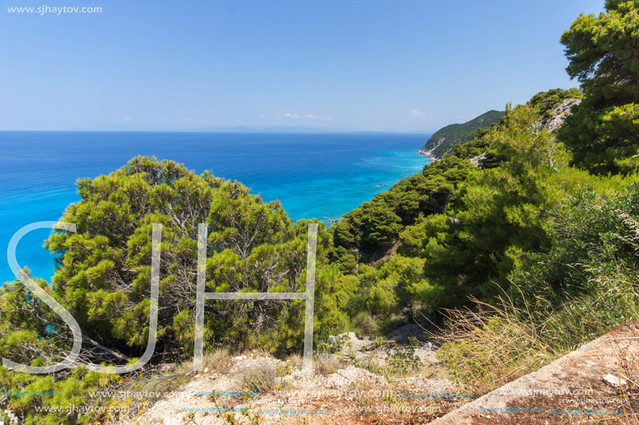 Amazing Panoramic view of Kokkinos Vrachos Beach with blue waters, Lefkada, Ionian Islands, Greece