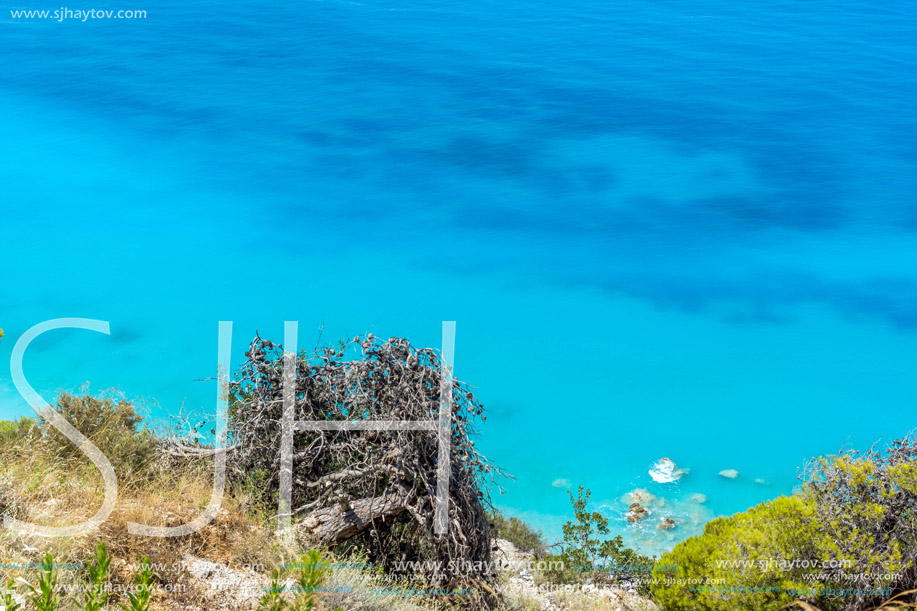 Amazing Panoramic view of Kokkinos Vrachos Beach with blue waters, Lefkada, Ionian Islands, Greece