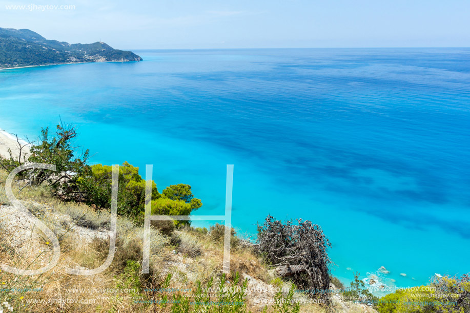 Amazing Panoramic view of Kokkinos Vrachos Beach with blue waters, Lefkada, Ionian Islands, Greece