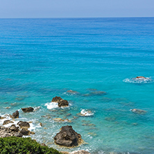 Amazing Panoramic view of Kokkinos Vrachos Beach with blue waters, Lefkada, Ionian Islands, Greece
