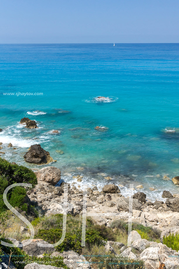 Amazing Panoramic view of Kokkinos Vrachos Beach with blue waters, Lefkada, Ionian Islands, Greece