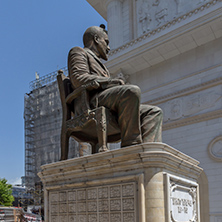 SKOPJE, REPUBLIC OF MACEDONIA - 13 MAY 2017: Hristo Tatarchev Monument and Macedonia Gate arch, Skopje, Macedonia