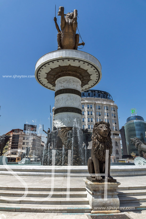 SKOPJE, REPUBLIC OF MACEDONIA - 13 MAY 2017: Skopje City Center and Alexander the Great Monument, Macedonia