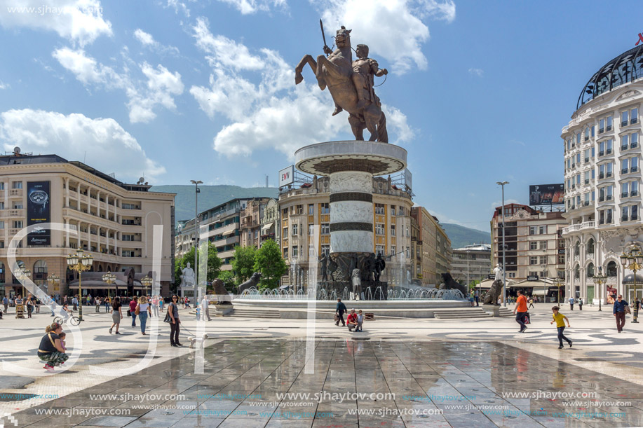 SKOPJE, REPUBLIC OF MACEDONIA - 13 MAY 2017: Skopje City Center and Alexander the Great Monument, Macedonia