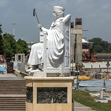 SKOPJE, REPUBLIC OF MACEDONIA - 13 MAY 2017: Justinian I Monument and Alexander the Great square in Skopje, Republic of Macedonia