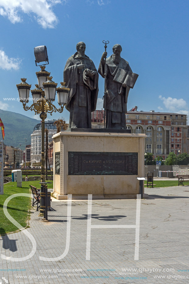 SKOPJE, REPUBLIC OF MACEDONIA - 13 MAY 2017: Saints Cyril and Methodius Monument and Filip II square in Skopje, Republic of Macedonia