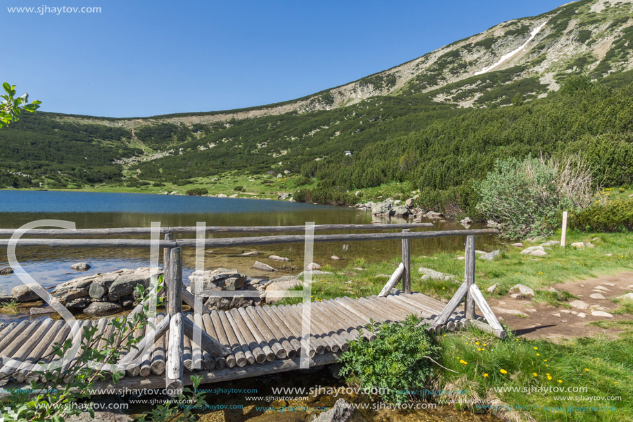 Landscape with wooden bridge over river in Pirin Mountain near Bezbog lake, Bulgaria