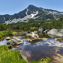Landscape with Reflection of Sivrya peak in Banski lakes, Pirin Mountain, Bulgaria