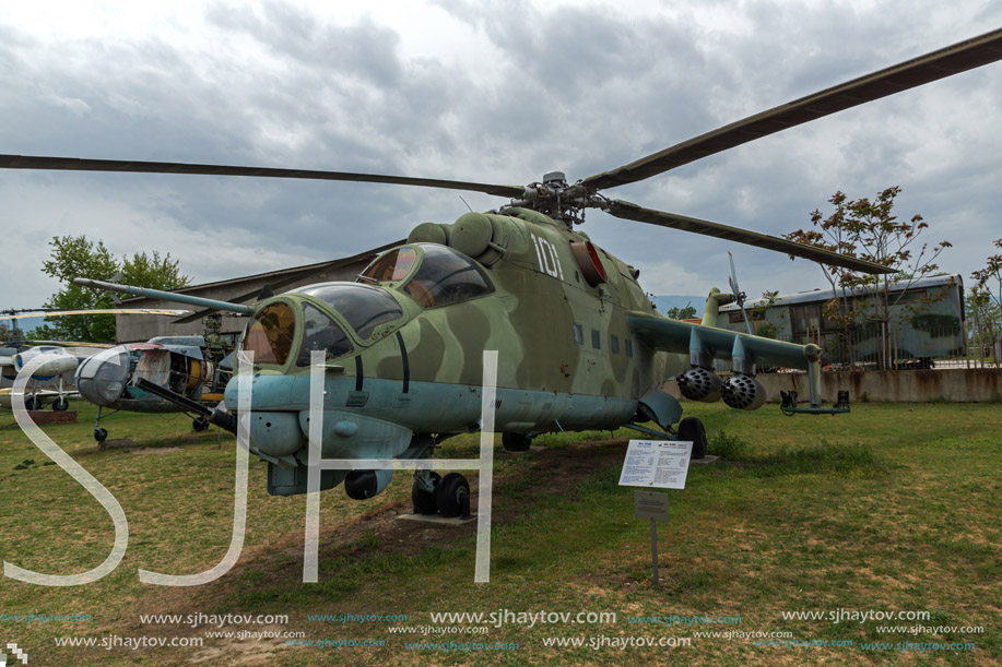 KRUMOVO, PLOVDIV, BULGARIA - 29 APRIL 2017: Helicopter Mil Mi-24 in Aviation Museum near Plovdiv Airport, Bulgaria
