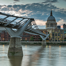 LONDON, ENGLAND - JUNE 17 2016: Night photo of Thames River,  Millennium Bridge and  St. Paul Cathedral, London, Great Britain