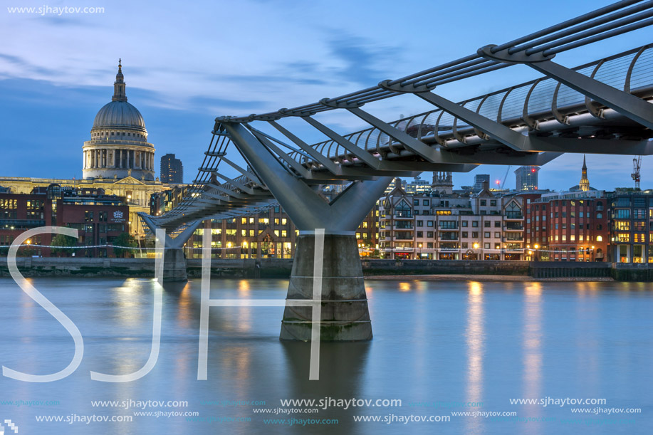 LONDON, ENGLAND - JUNE 17 2016: Night photo of Thames River,  Millennium Bridge and  St. Paul Cathedral, London, Great Britain