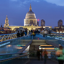LONDON, ENGLAND - JUNE 17 2016: Night photo of Thames River,  Millennium Bridge and  St. Paul Cathedral, London, Great Britain