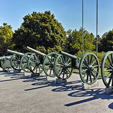 PLEVEN, BULGARIA - 20 SEPTEMBER 2015: Cannon in front of Panorama the Pleven Epopee 1877 in city of Pleven, Bulgaria