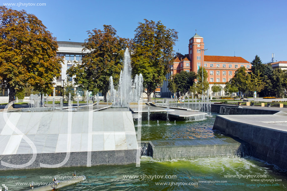 PLEVEN, BULGARIA - 20 SEPTEMBER 2015: Town hall and fountain in center of city of Pleven, Bulgaria