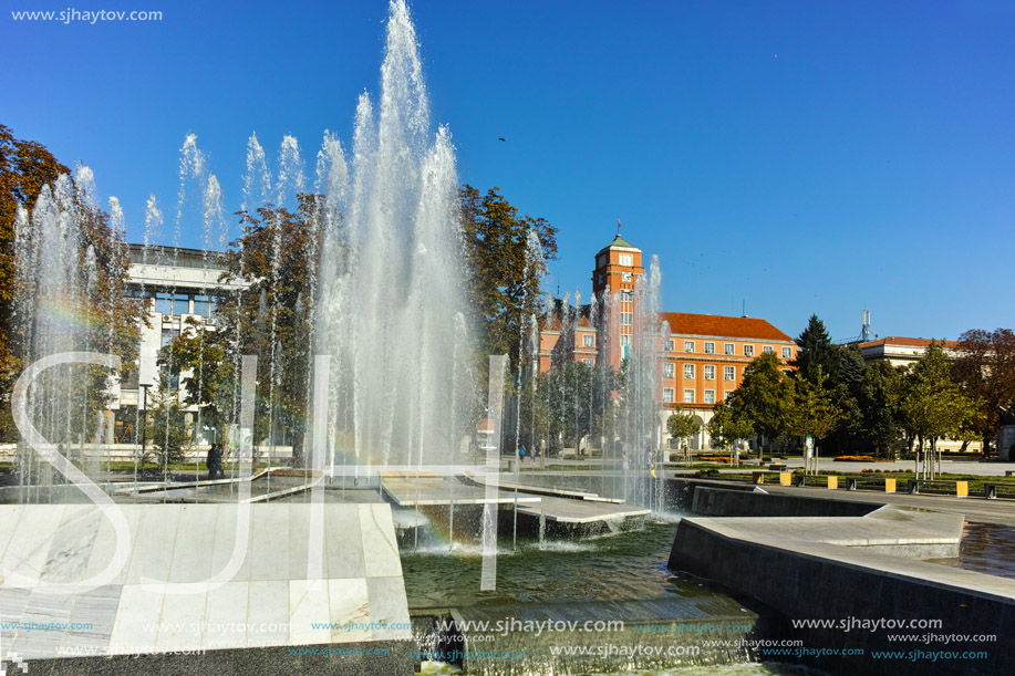 PLEVEN, BULGARIA - 20 SEPTEMBER 2015: Town hall and fountain in center of city of Pleven, Bulgaria
