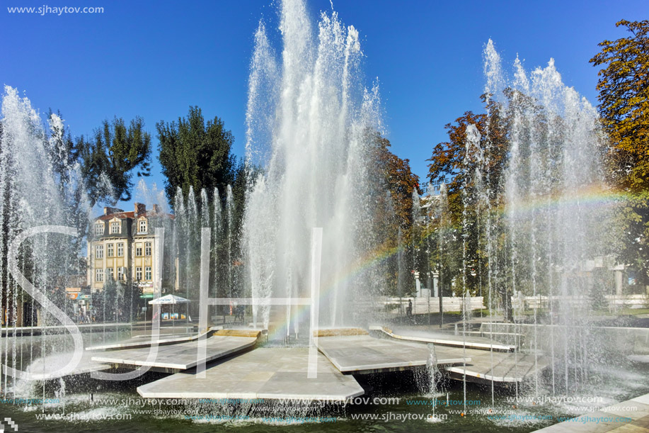 PLEVEN, BULGARIA - 20 SEPTEMBER 2015: Town hall and fountain in center of city of Pleven, Bulgaria