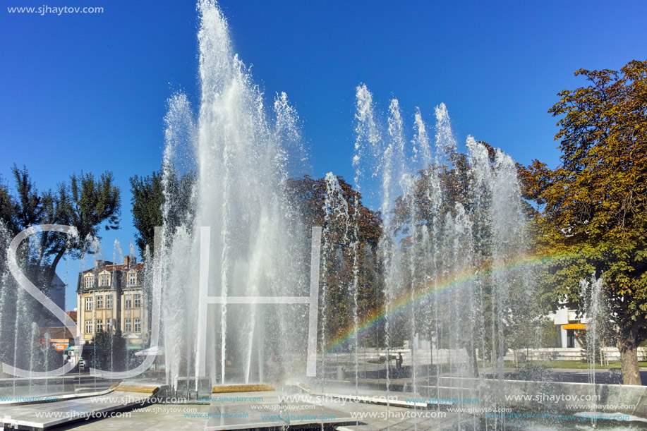 PLEVEN, BULGARIA - 20 SEPTEMBER 2015: Town hall and fountain in center of city of Pleven, Bulgaria