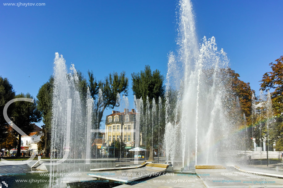 PLEVEN, BULGARIA - 20 SEPTEMBER 2015: Town hall and fountain in center of city of Pleven, Bulgaria