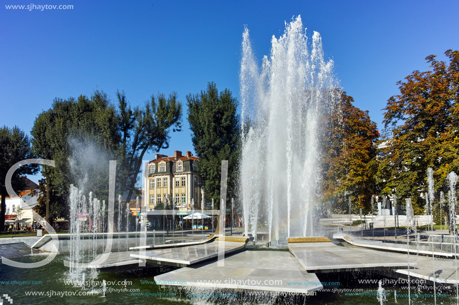 PLEVEN, BULGARIA - 20 SEPTEMBER 2015: Town hall and fountain in center of city of Pleven, Bulgaria