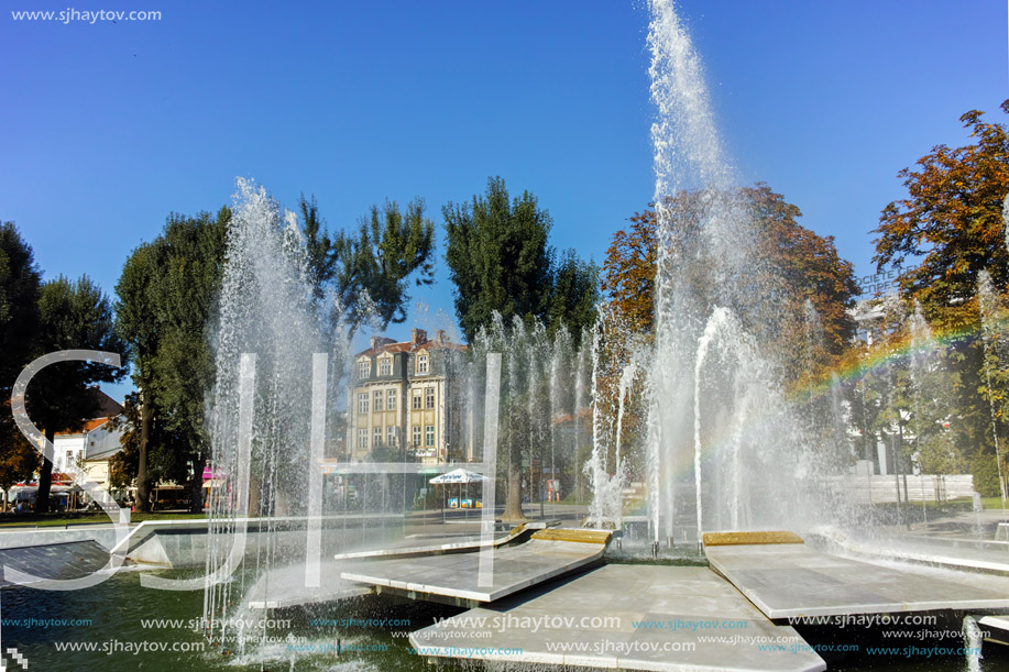 PLEVEN, BULGARIA - 20 SEPTEMBER 2015: Town hall and fountain in center of city of Pleven, Bulgaria