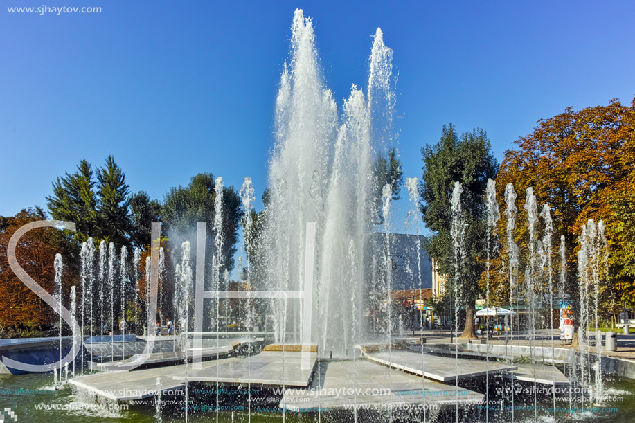 PLEVEN, BULGARIA - 20 SEPTEMBER 2015: Town hall and fountain in center of city of Pleven, Bulgaria