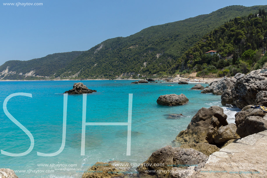 Panoramic view of Agios Nikitas Beach with blue waters, Lefkada, Ionian Islands, Greece