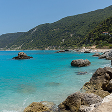 Panoramic view of Agios Nikitas Beach with blue waters, Lefkada, Ionian Islands, Greece