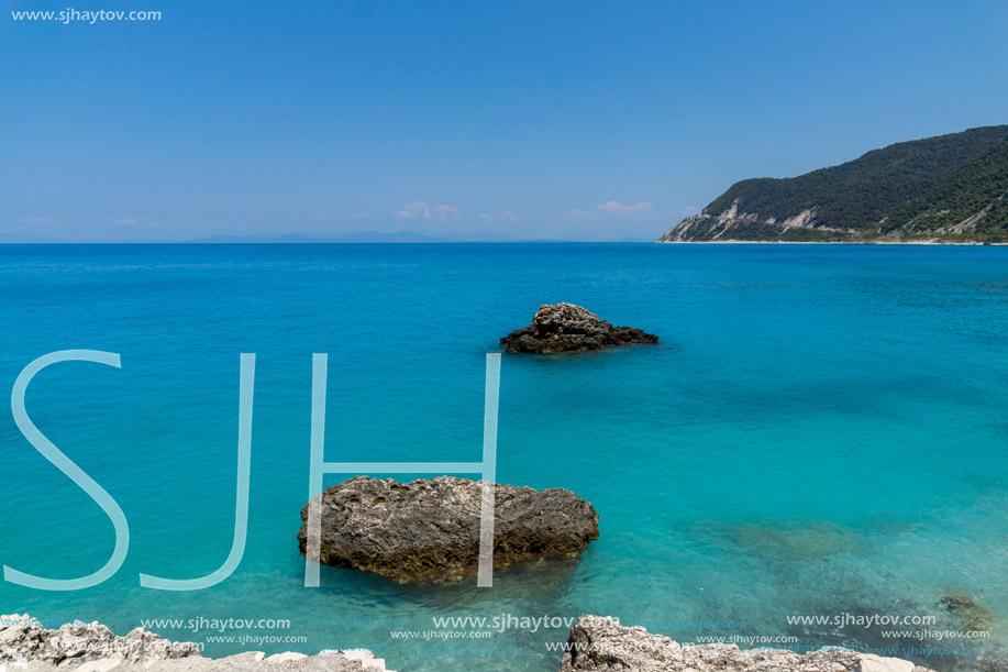 Panoramic view of Agios Nikitas Beach with blue waters, Lefkada, Ionian Islands, Greece