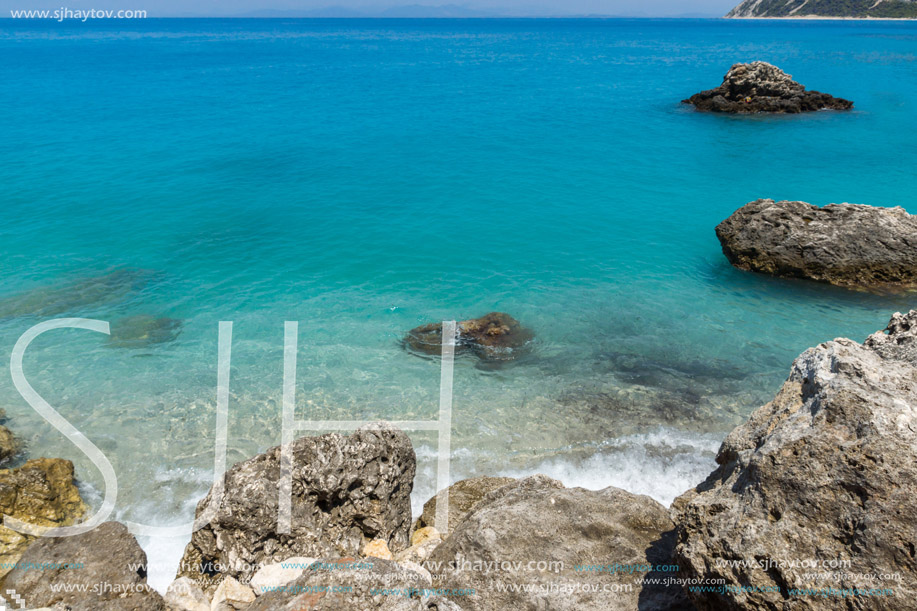 Panoramic view of Agios Nikitas Beach with blue waters, Lefkada, Ionian Islands, Greece