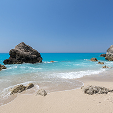 Amazing landscape of blue waters of Megali Petra Beach, Lefkada, Ionian Islands, Greece