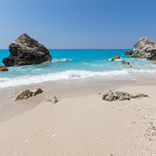 Amazing landscape of blue waters of Megali Petra Beach, Lefkada, Ionian Islands, Greece