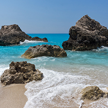 Amazing landscape of blue waters of Megali Petra Beach, Lefkada, Ionian Islands, Greece