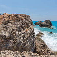 Amazing landscape of blue waters of Megali Petra Beach, Lefkada, Ionian Islands, Greece