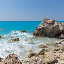 Amazing landscape of blue waters of Megali Petra Beach, Lefkada, Ionian Islands, Greece