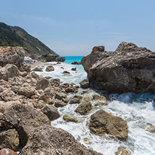 Amazing landscape of blue waters of Megali Petra Beach, Lefkada, Ionian Islands, Greece
