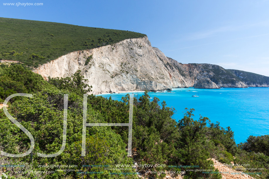 Amazing landscape of blue waters of Porto Katsiki Beach, Lefkada, Ionian Islands, Greece