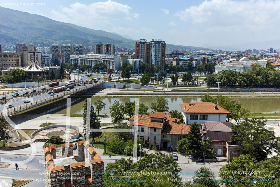 SKOPJE, REPUBLIC OF MACEDONIA - 13 MAY 2017: Panorama to city of Skopje from fortress (Kale fortress) in the Old Town, Republic of Macedonia