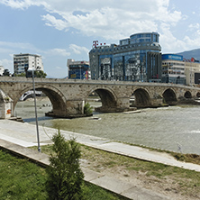 SKOPJE, REPUBLIC OF MACEDONIA - 13 MAY 2017: Skopje City Center, Old Stone Bridge and Vardar River, Republic of Macedonia