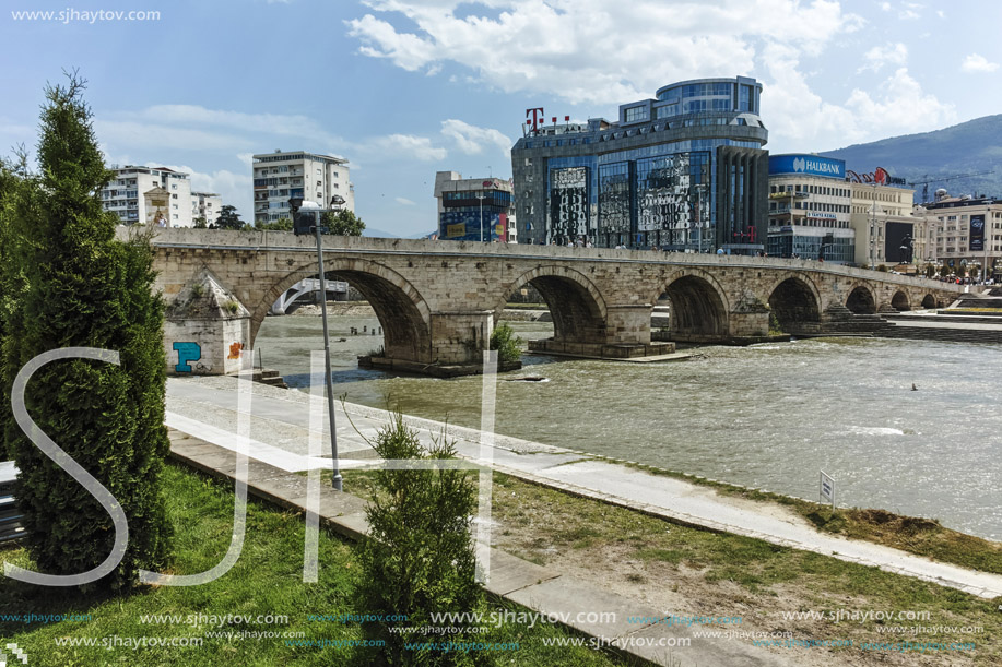 SKOPJE, REPUBLIC OF MACEDONIA - 13 MAY 2017: Skopje City Center, Old Stone Bridge and Vardar River, Republic of Macedonia
