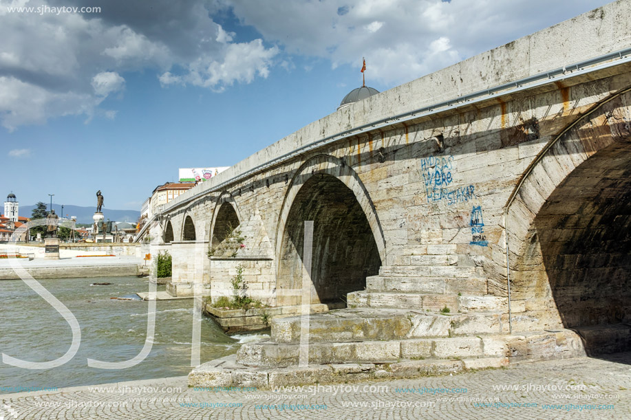 SKOPJE, REPUBLIC OF MACEDONIA - 13 MAY 2017: Skopje City Center and Archaeological Museum and Old Stone Bridge, Republic of Macedonia