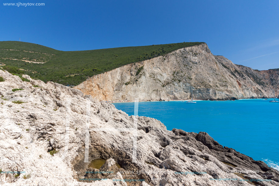 Amazing seascape of blue waters of Porto Katsiki Beach, Lefkada, Ionian Islands, Greece