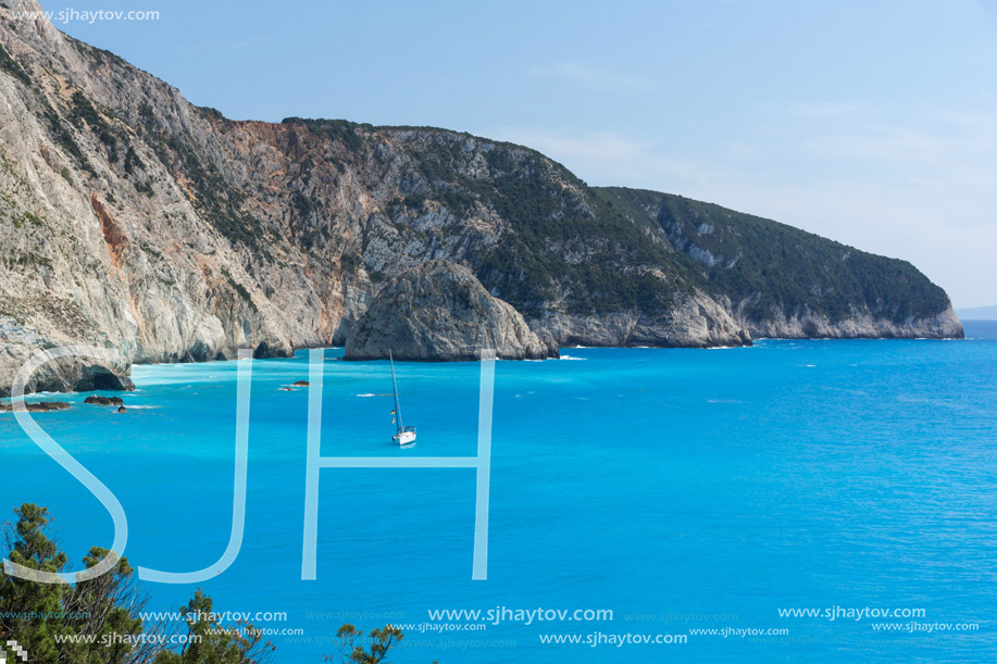 Amazing seascape of blue waters of Porto Katsiki Beach, Lefkada, Ionian Islands, Greece