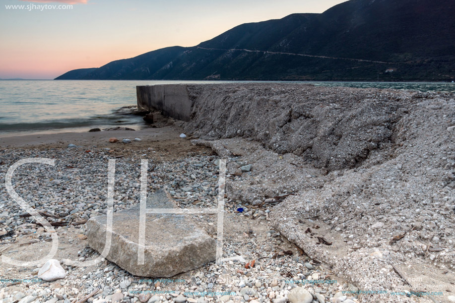 Amazing sunset on the beach of village of Vasiliki, Lefkada, Ionian Islands, Greece