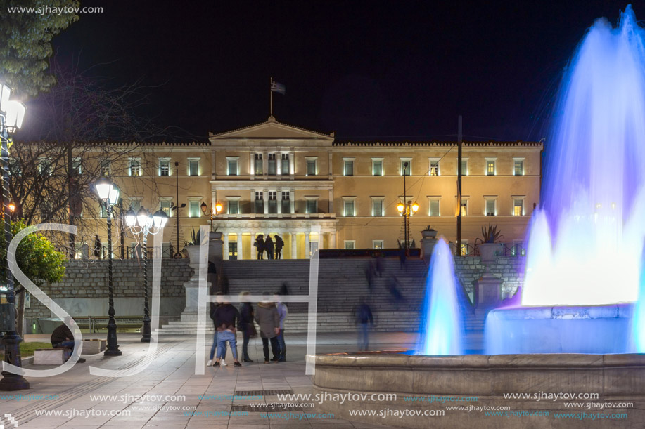 ATHENS, GREECE - JANUARY 19 2017:  Night photo of Syntagma Square in Athens, Attica, Greece