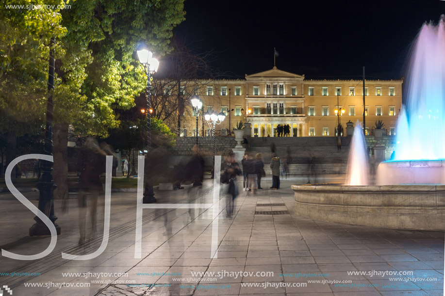 ATHENS, GREECE - JANUARY 19 2017:  Night photo of Syntagma Square in Athens, Attica, Greece