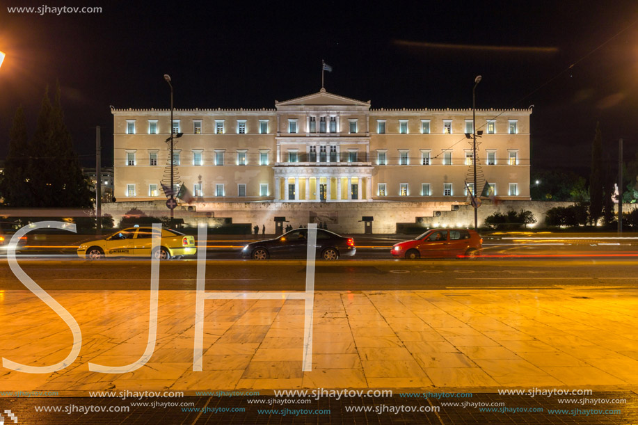 ATHENS, GREECE - JANUARY 19 2017:  Night photo of Syntagma Square in Athens, Attica, Greece
