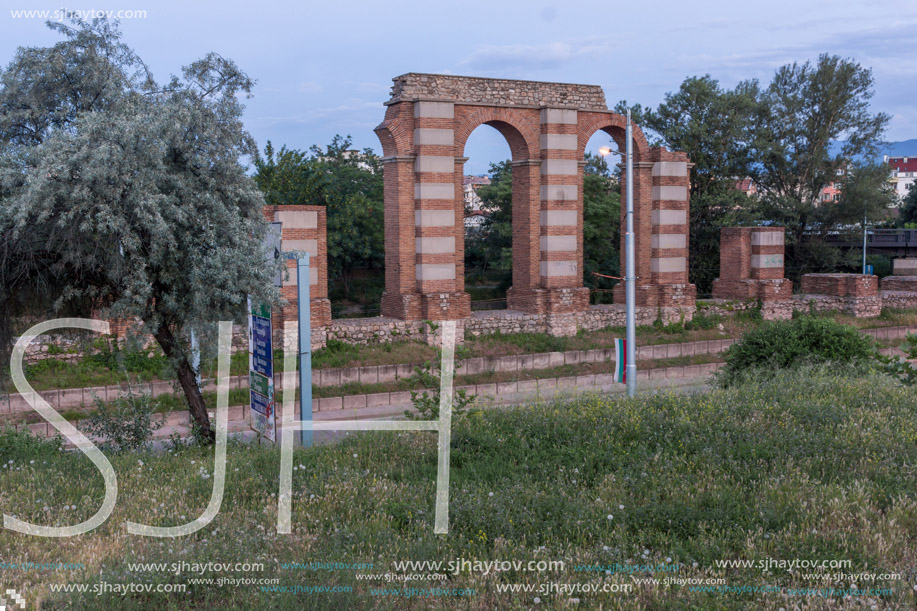 Night photo of Ruins of Roman Aqueduct in city of Plovdiv, Bulgaria