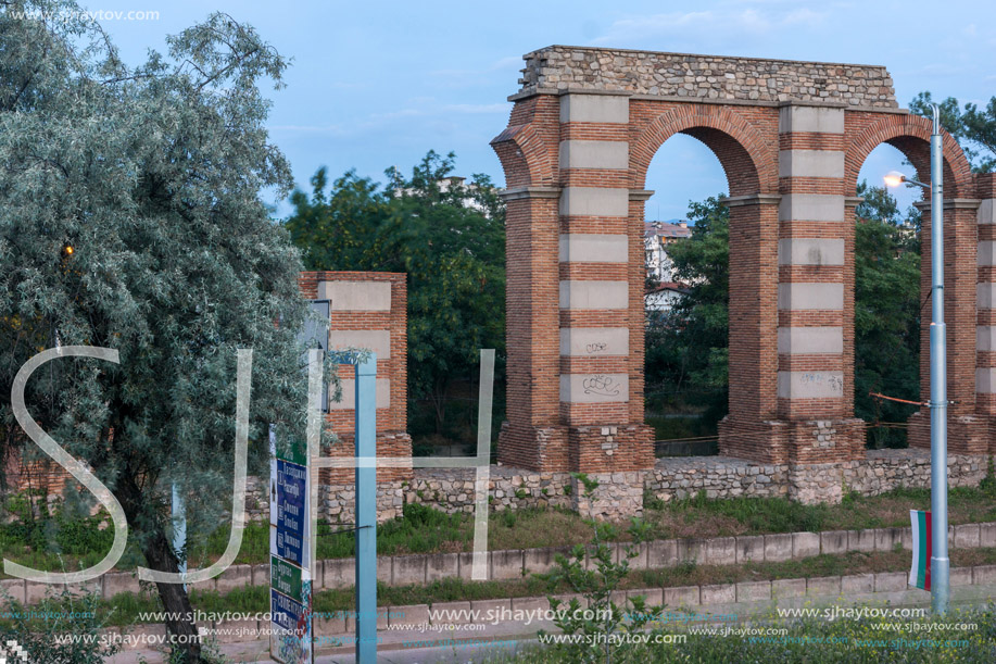 Night photo of Ruins of Roman Aqueduct in city of Plovdiv, Bulgaria